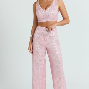 Showpo Abela Two Piece Set - Crop Top and Wide Leg Pants Set in Pink Sequin Abela Two Piece Set - Crop Top and Wide Leg Pants Set in Pink Sequin