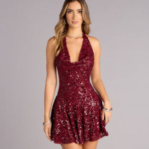 After Hours Shine Sequin Halter Skater Dress