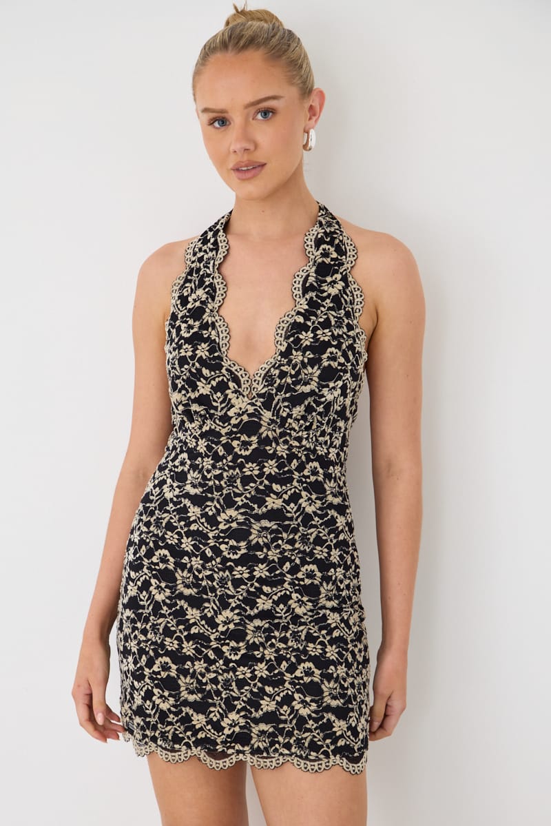 Ally Fashion Beige Halter Neck Dress Mini Lace - Image 3