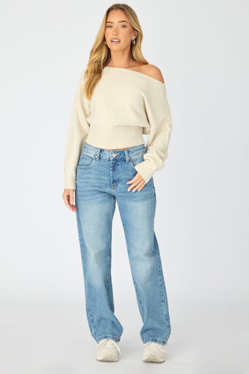 Ally Fashion Beige Knit Top Off Shoulder Long Sleeve - Image 2