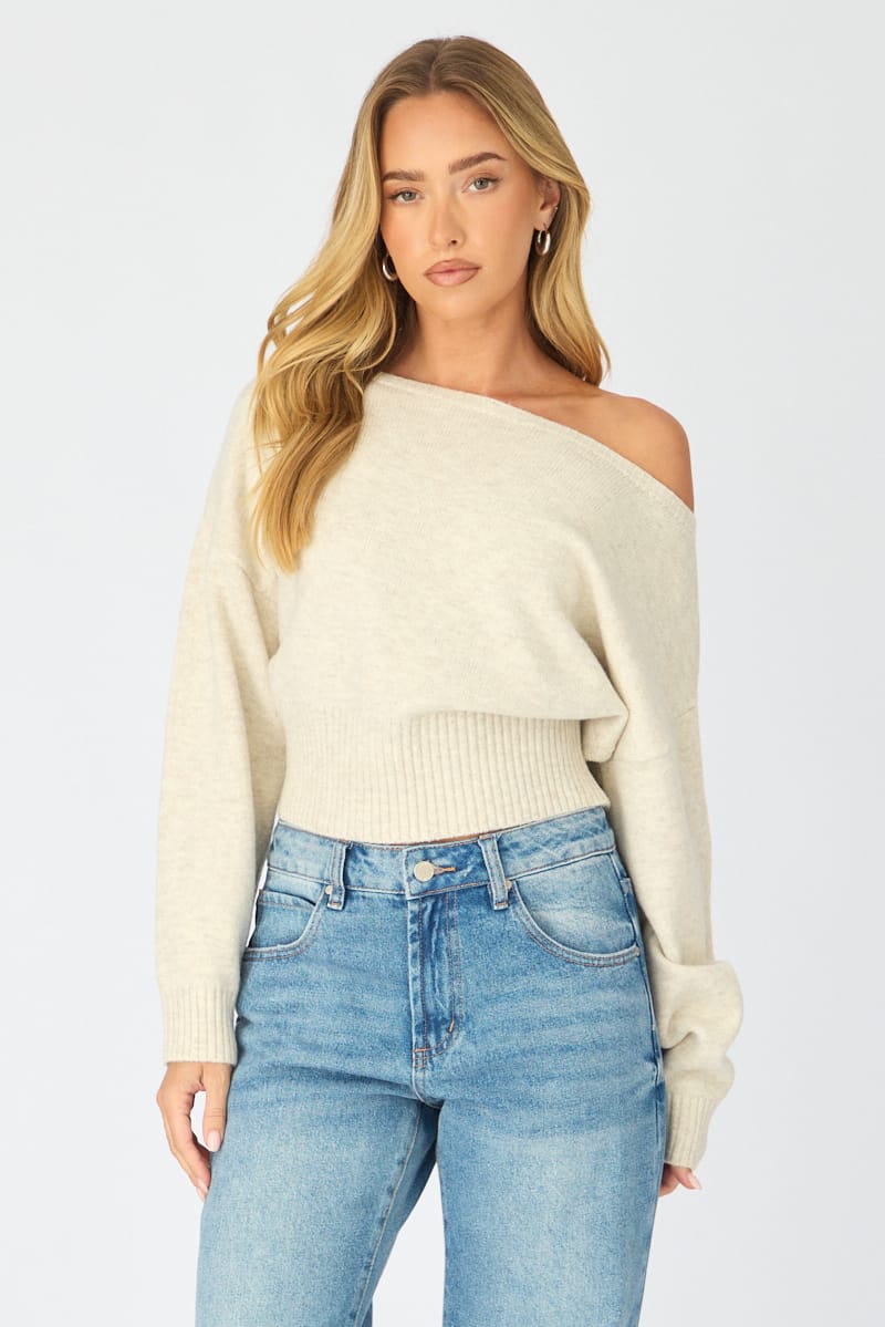 Ally Fashion Beige Knit Top Off Shoulder Long Sleeve - Image 3