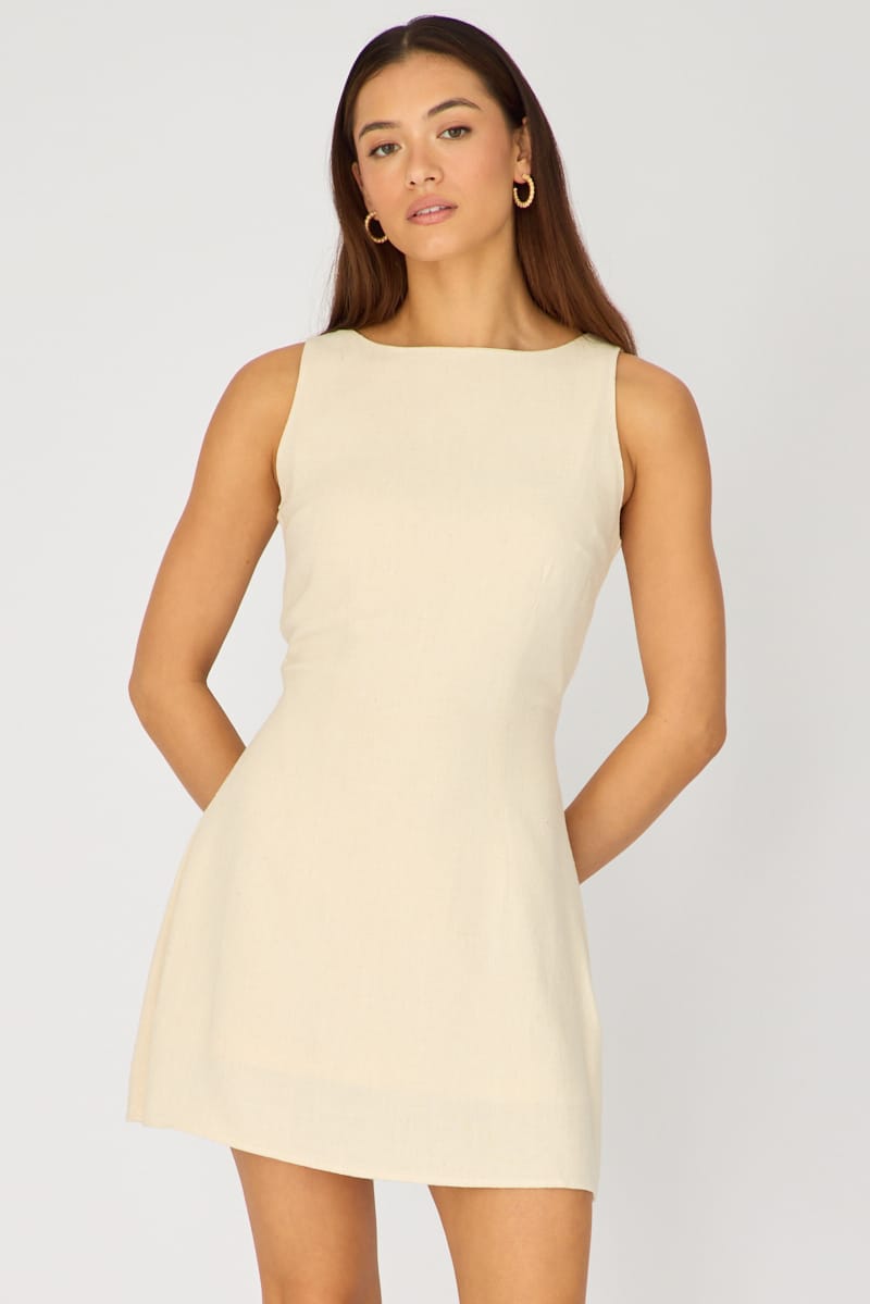 Ally Fashion Beige Mini Dress Boat Neck - Image 2