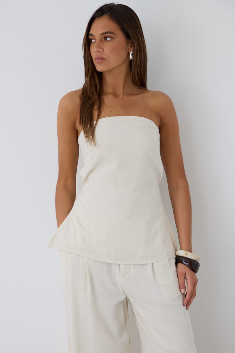 Ally Fashion Beige Strapless Top Linen Blend Side Splits - Image 3