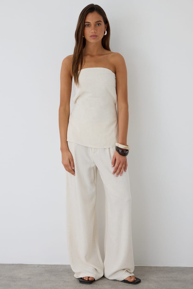 Ally Fashion Beige Strapless Top Linen Blend Side Splits - Image 2
