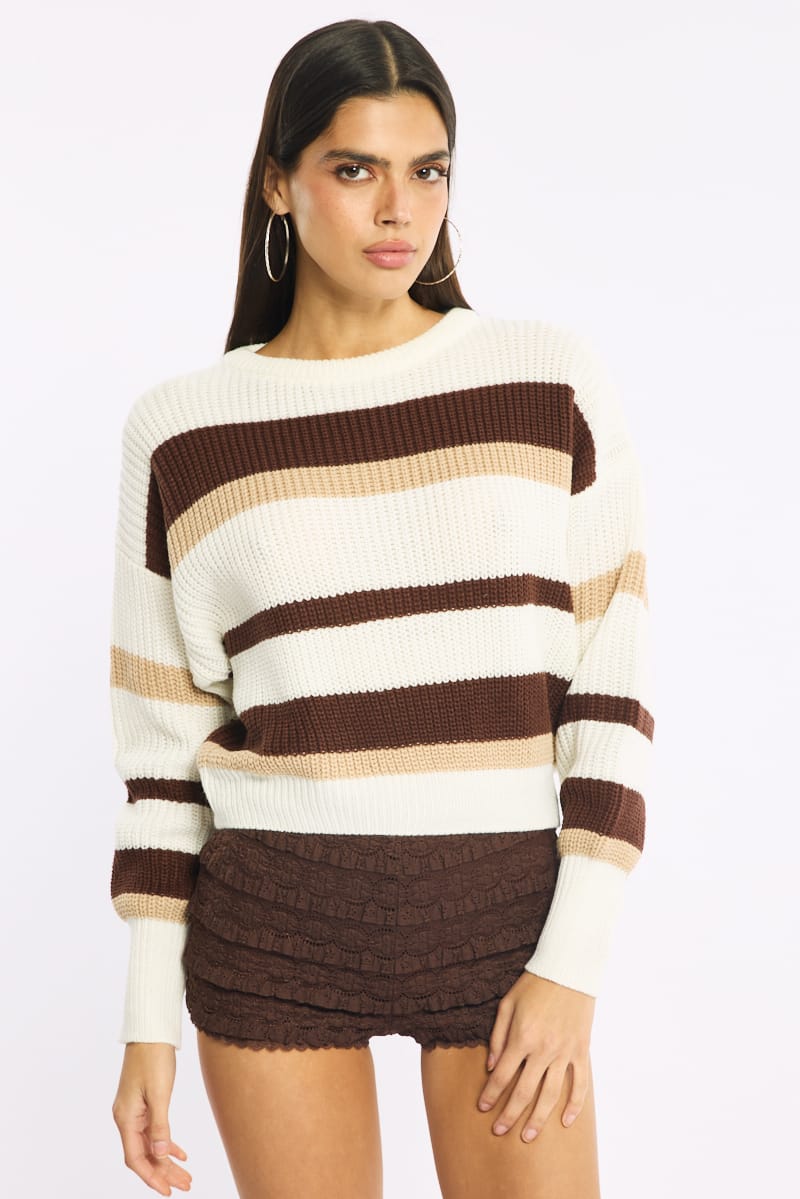 Ally Fashion Beige Stripe Knit Top Long Sleeve Color Block - Image 2