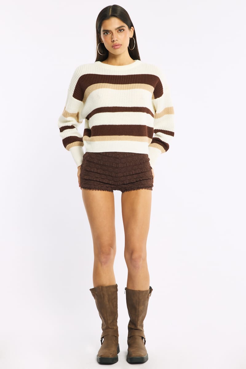 Ally Fashion Beige Stripe Knit Top Long Sleeve Color Block - Image 3