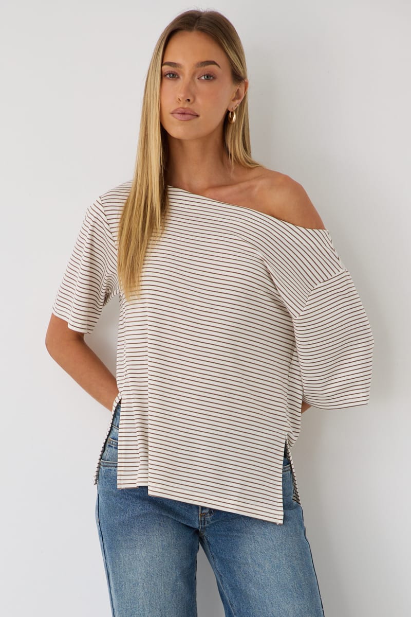 Ally Fashion Beige Stripe One Shoulder Top - Image 3
