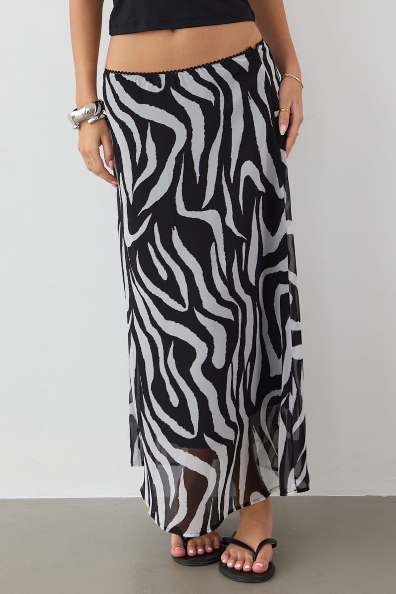 Ally Fashion Black Animal Print Midi Skirt Mid Rise Chiffon Lined - Image 2