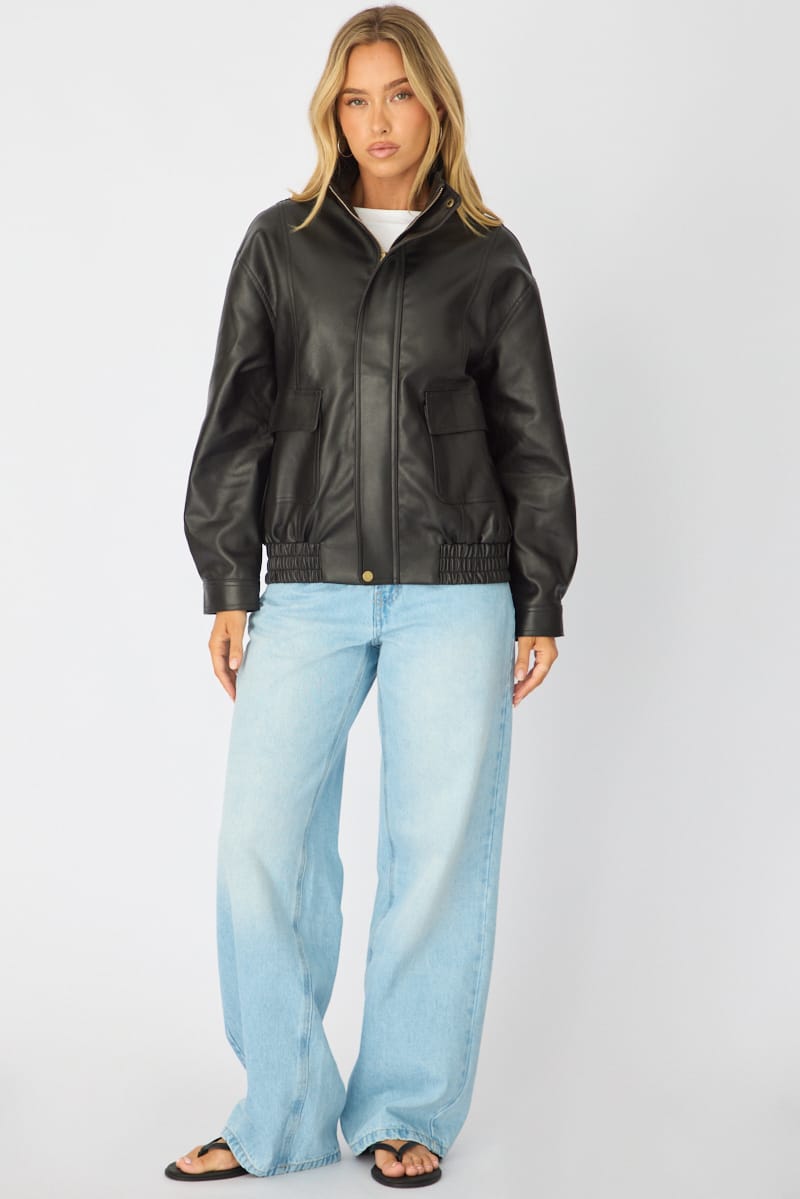 Ally Fashion Black Bomber Jacket Washed Faux Leather - Image 3