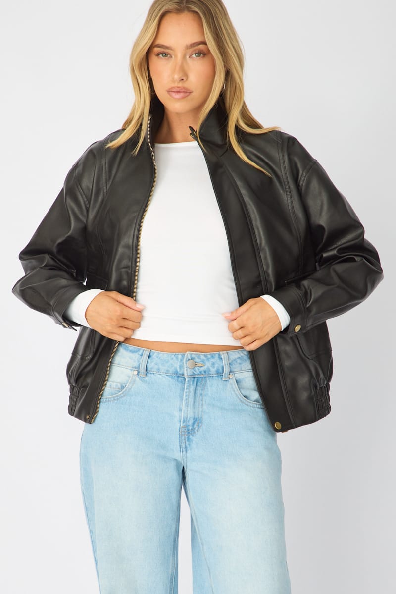 Ally Fashion Black Bomber Jacket Washed Faux Leather - Image 2