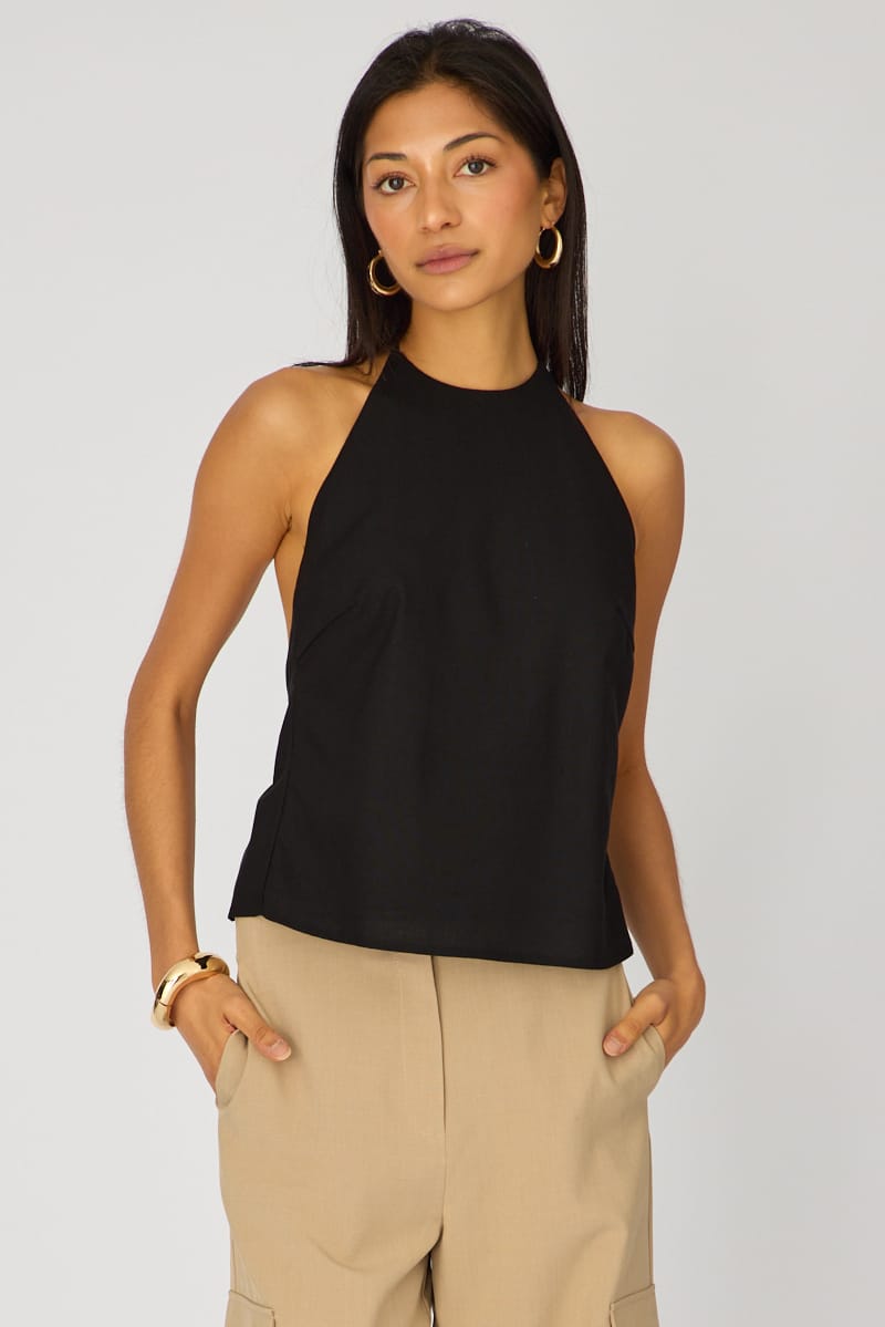 Ally Fashion Black Linen Top Sleeveless Halter Neck - Image 3