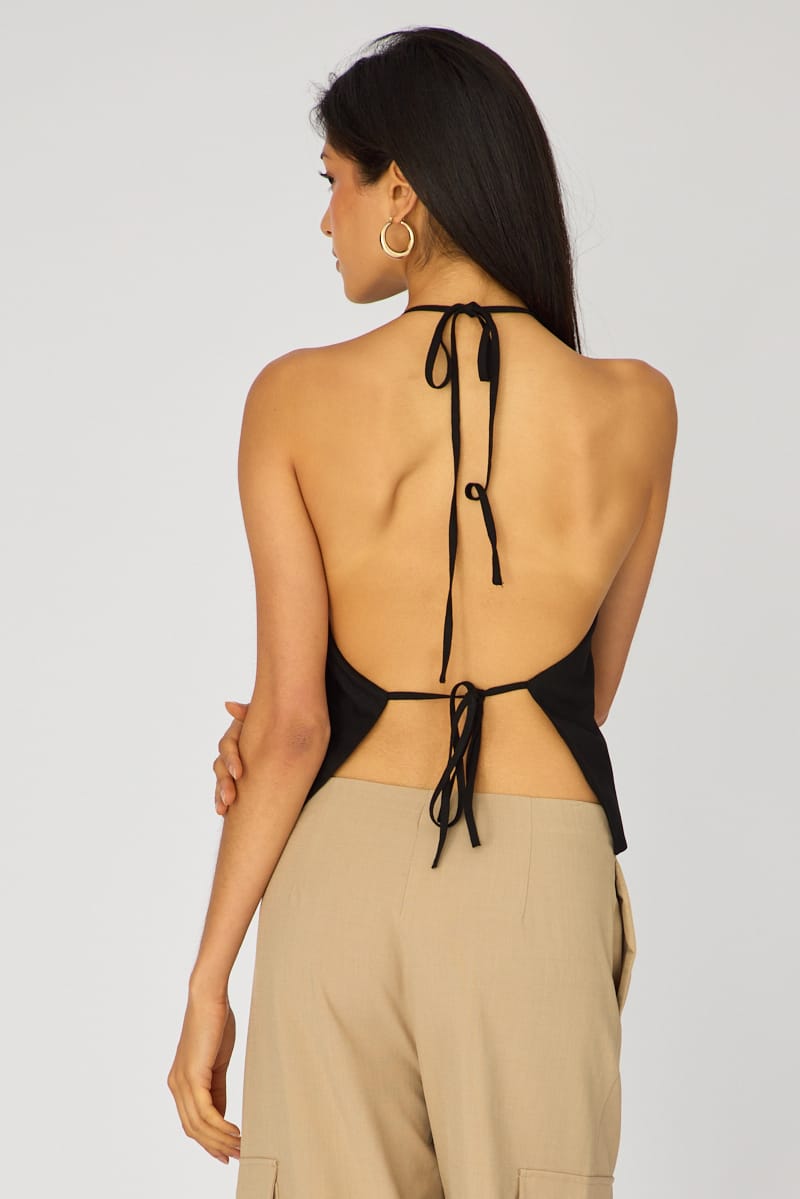 Ally Fashion Black Linen Top Sleeveless Halter Neck - Image 2