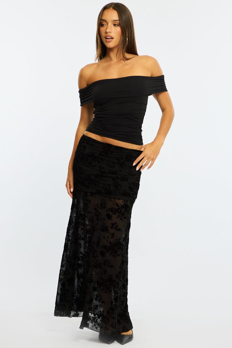 Black High Waisted Burnout Maxi Skirt | Ally Fashion - Image 3