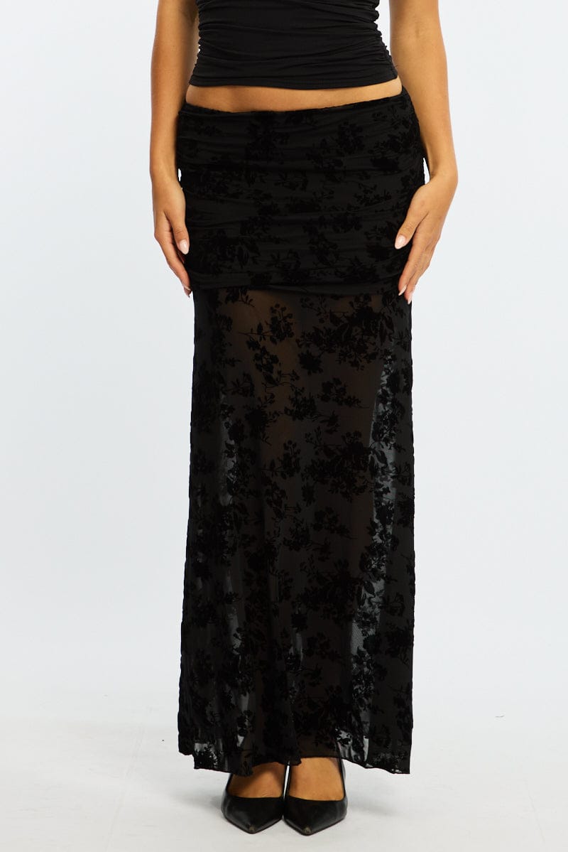 Black High Waisted Burnout Maxi Skirt | Ally Fashion - Image 2