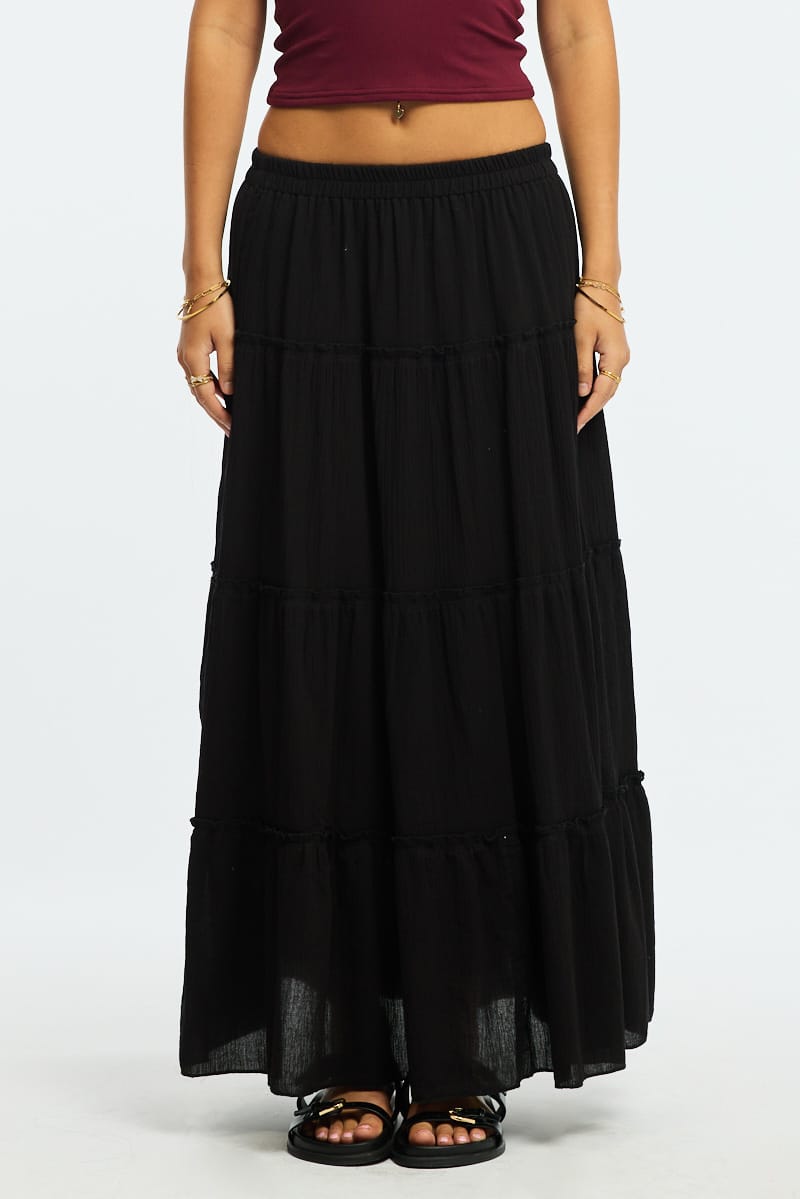 Ally Fashion Black Midi Skirt Tiered Elastic Waist Textured Cotton - Image 2