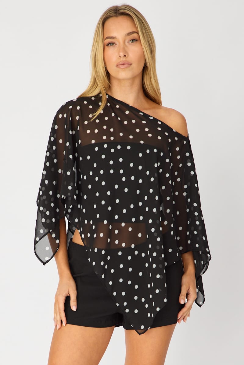 Ally Fashion Black Polka Dot Chiffon Poncho Off Shoulder Polka Dot - Image 2