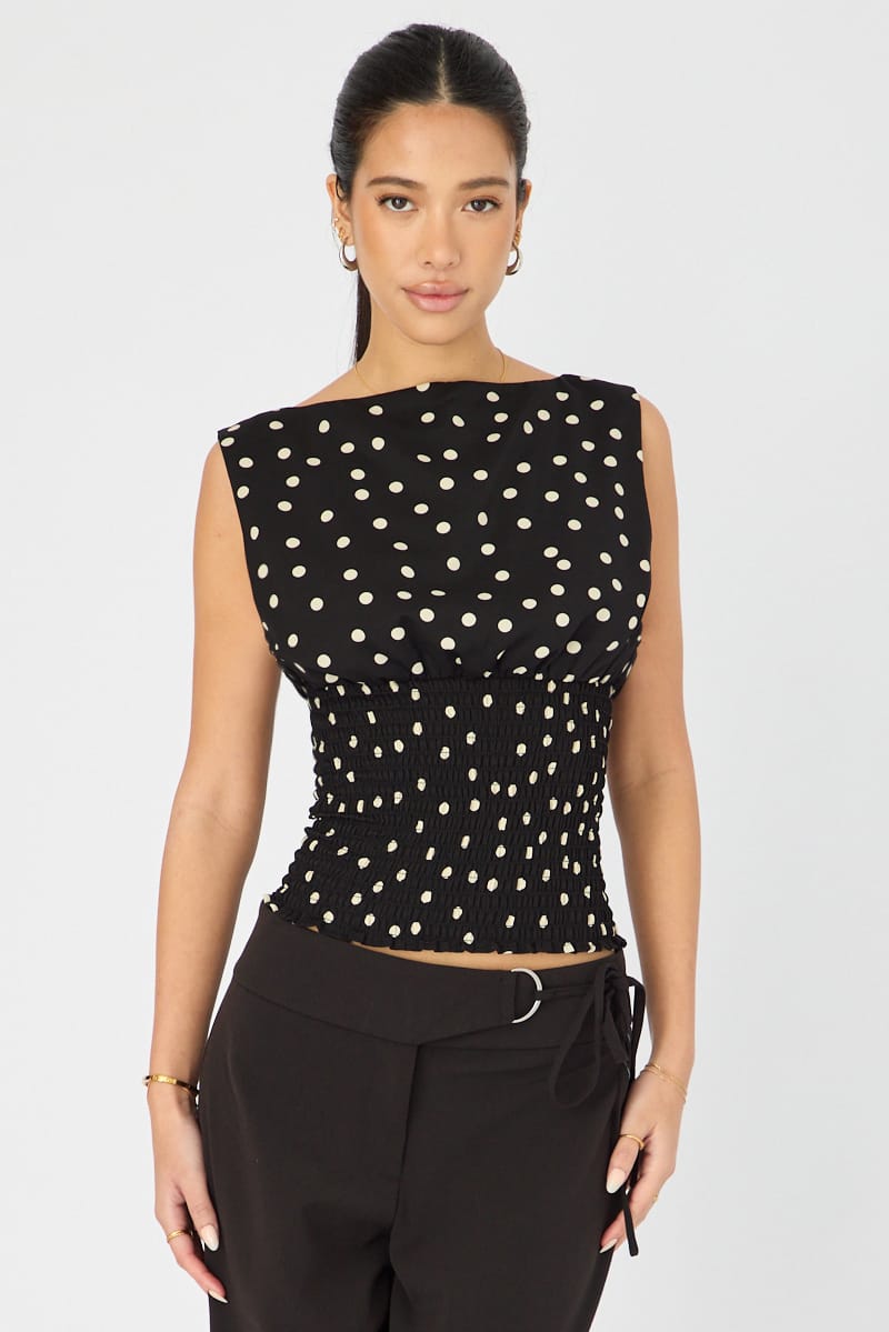 Ally Fashion Black Polka Dot High Neck Ruched Waist Blouse Sleeveless - Image 2
