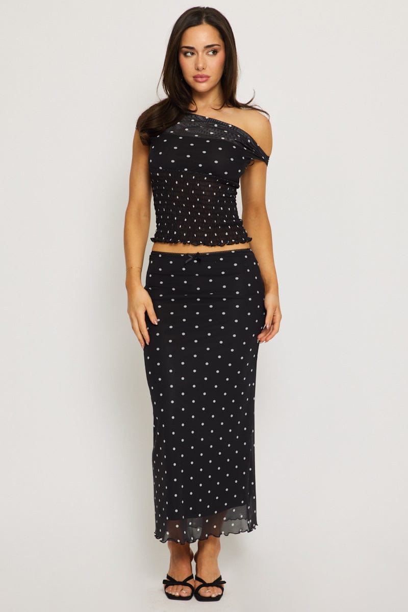 Ally Fashion Black Polka Dot Mesh Skirt Elasticated Picot Trim Midaxi - Image 3