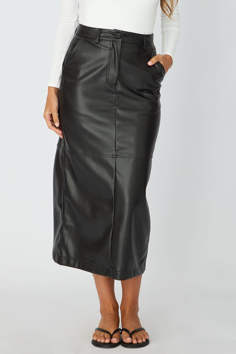 Ally Fashion Black Pu Maxi Skirt Pencil Back Slit Faux Leather - Image 2