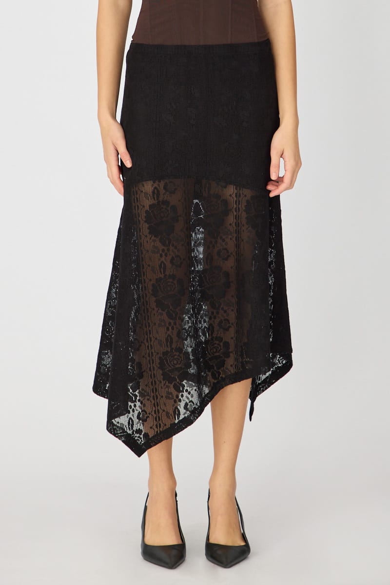 Ally Fashion Black Scarf Hem Midi Skirt Elastic Waist Lace - Image 3
