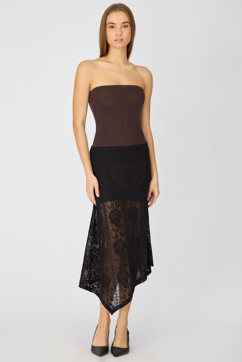 Ally Fashion Black Scarf Hem Midi Skirt Elastic Waist Lace - Image 2
