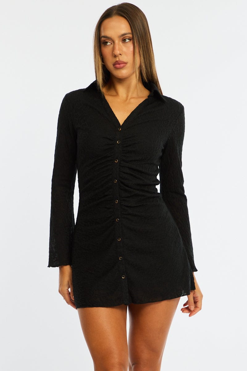 Ally Fashion Black Shirts Dress Gathering Front - Image 3