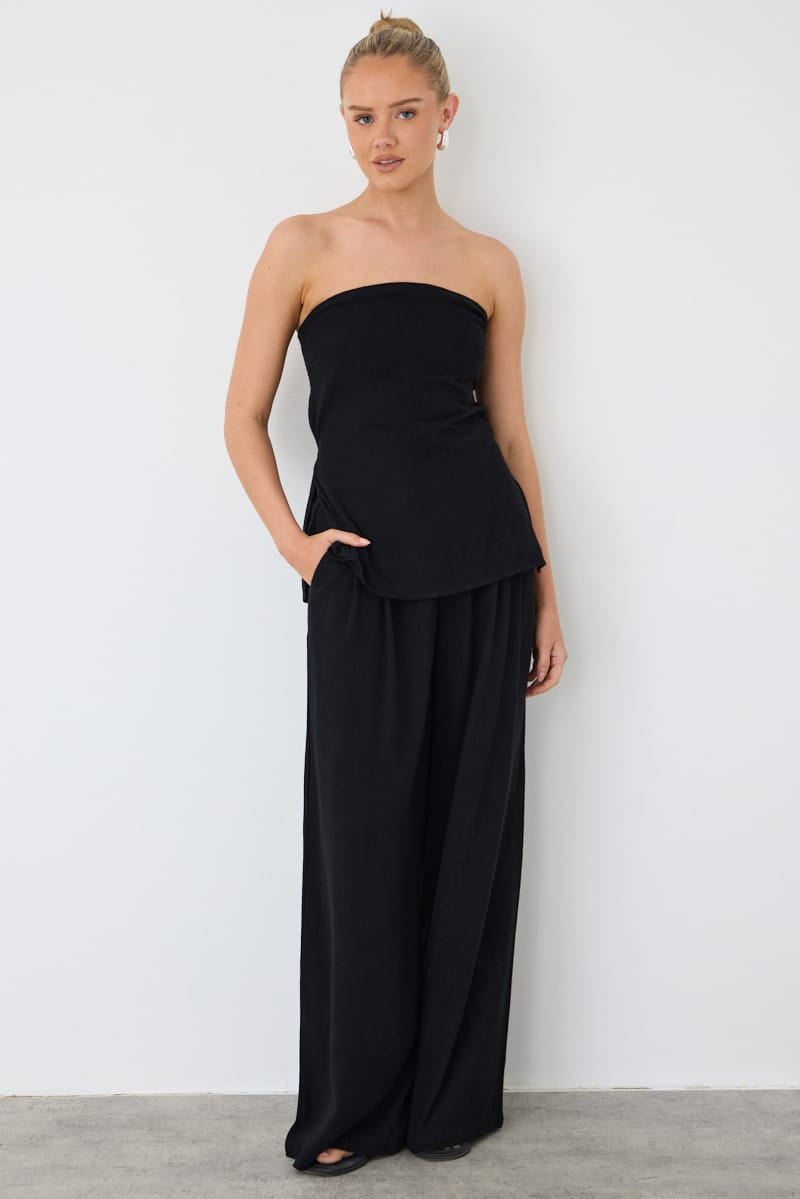 Ally Fashion Black Strapless Top Linen Blend Side Splits - Image 3