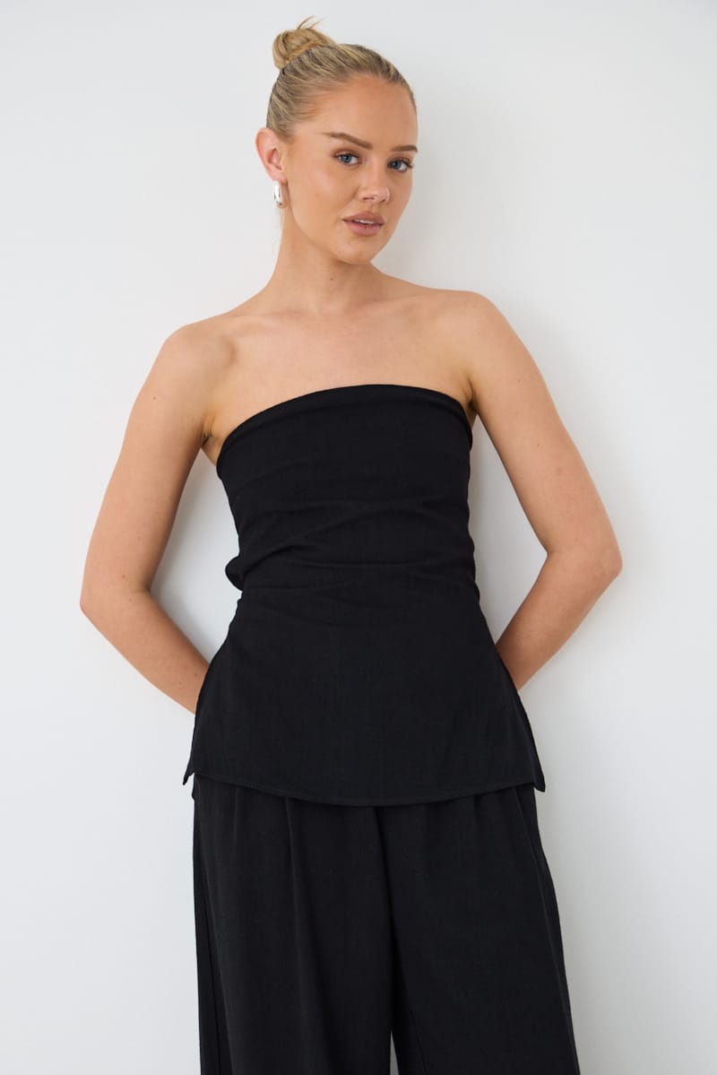 Ally Fashion Black Strapless Top Linen Blend Side Splits - Image 2