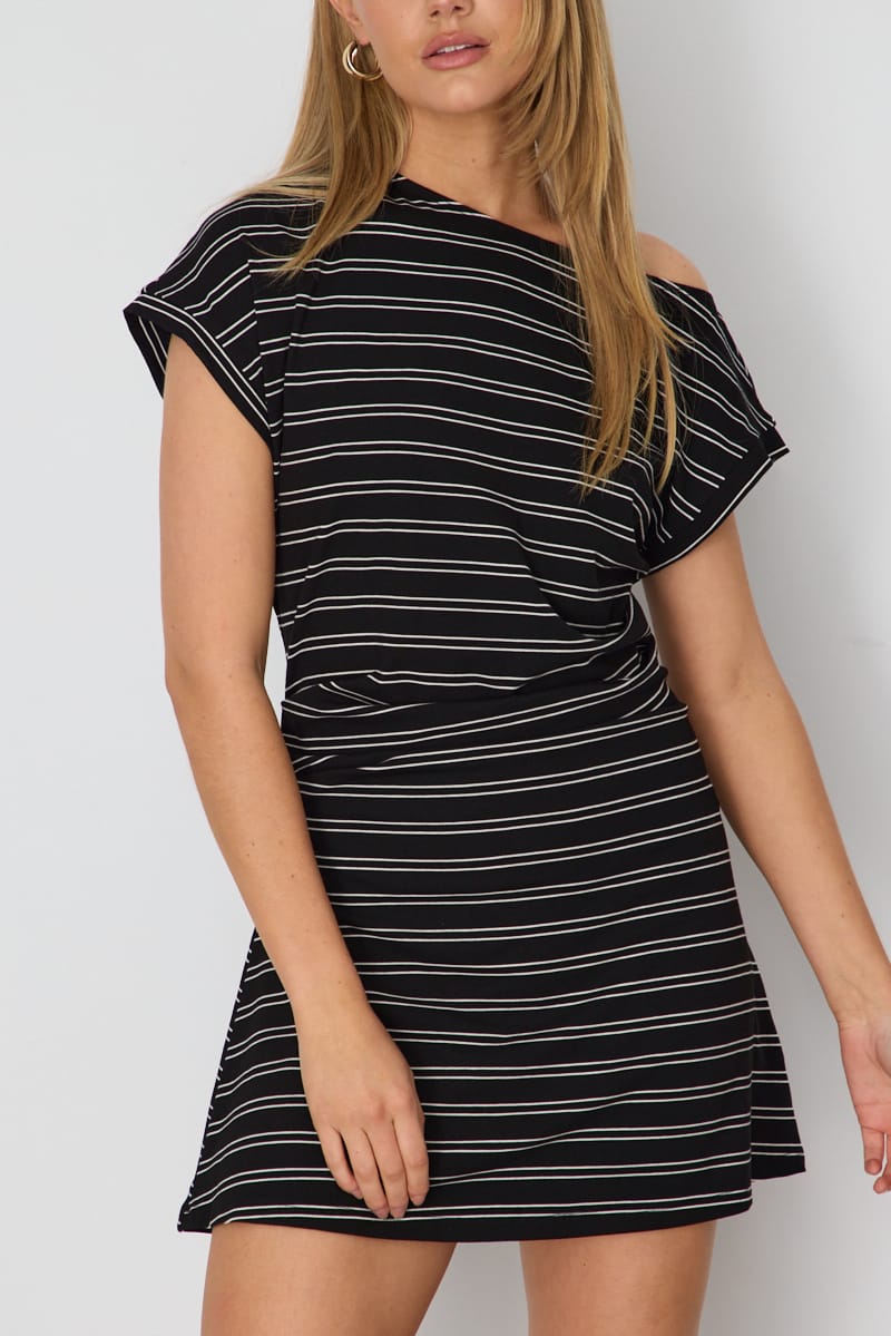 Ally Fashion Black Stripe Asymmetrical Neckline Mini Dress - Image 2
