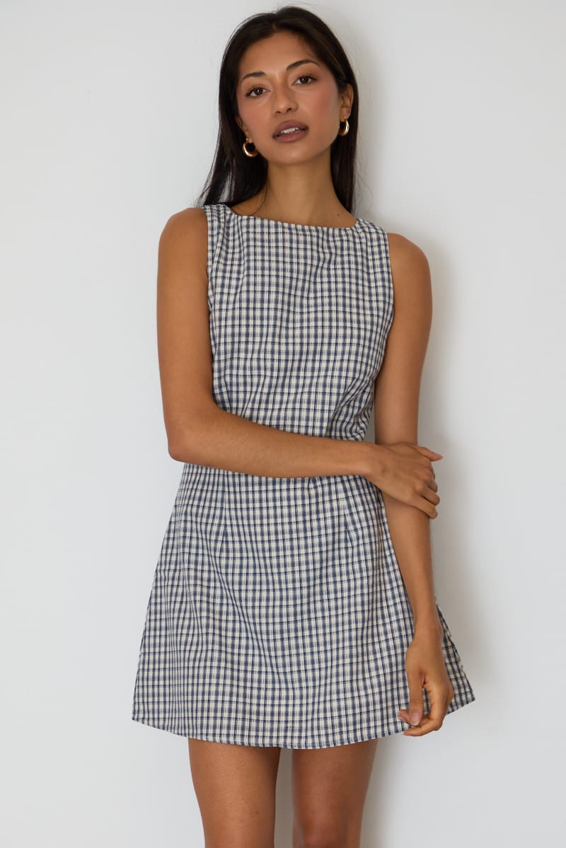Ally Fashion Blue Check Mini Dress Boat Neck - Image 3