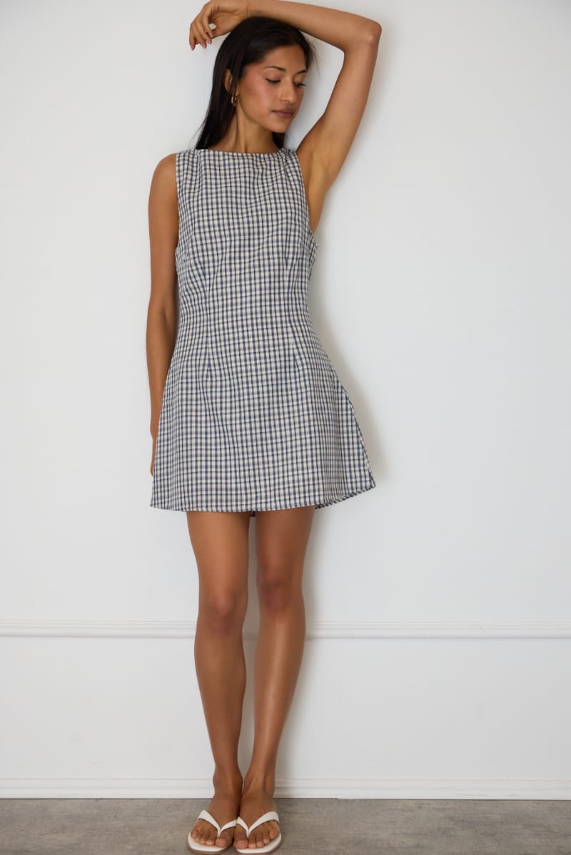 Ally Fashion Blue Check Mini Dress Boat Neck - Image 2