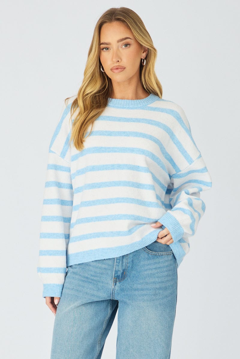 Ally Fashion Blue Stripe Basic Stripe Knit Sweater Oversized - Image 3
