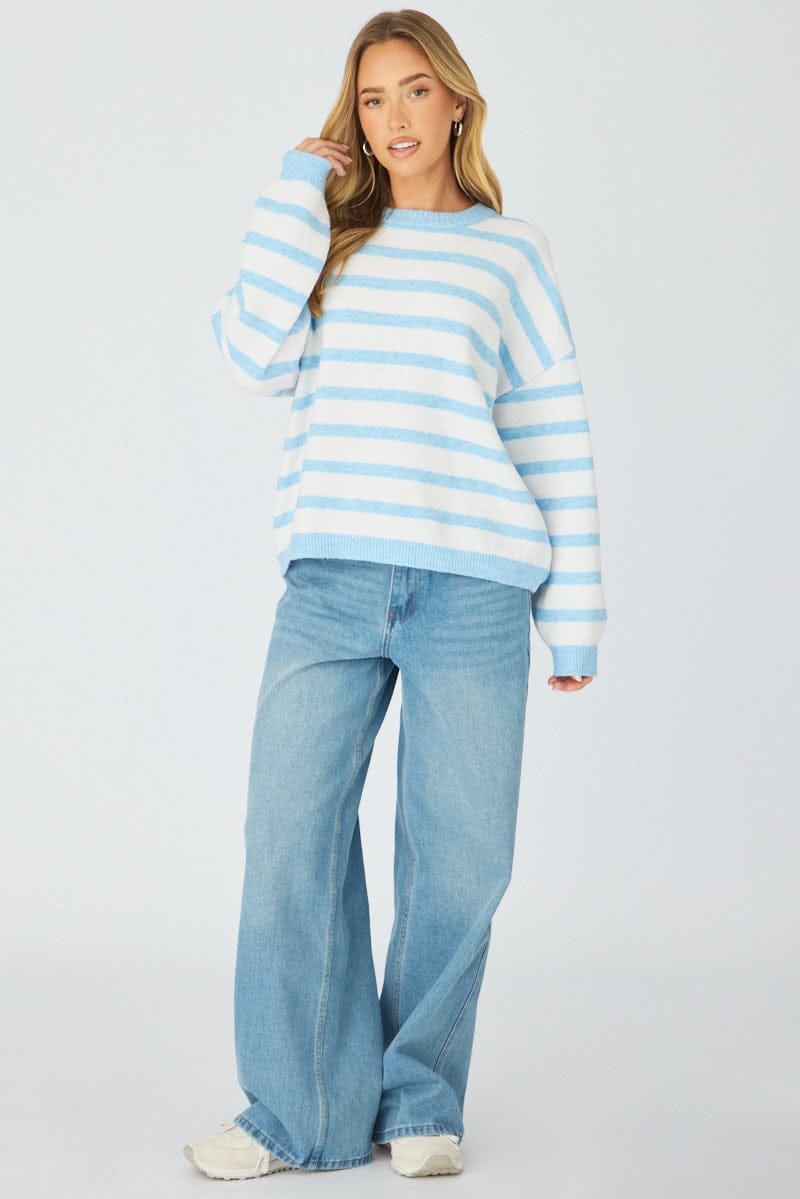 Ally Fashion Blue Stripe Basic Stripe Knit Sweater Oversized - Image 2