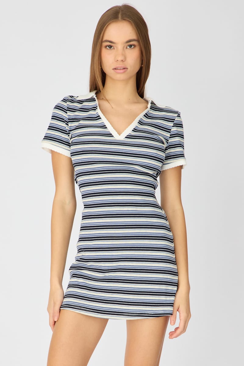 Ally Fashion Blue Stripe Contrast Collar Short Sleeve Mini Dress - Image 3