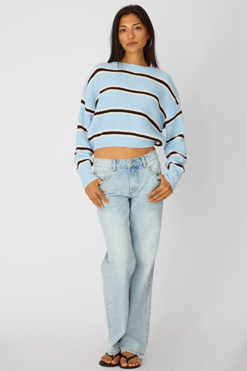 Ally Fashion Blue Stripe Knit Top Long Sleeve Color Block - Image 2