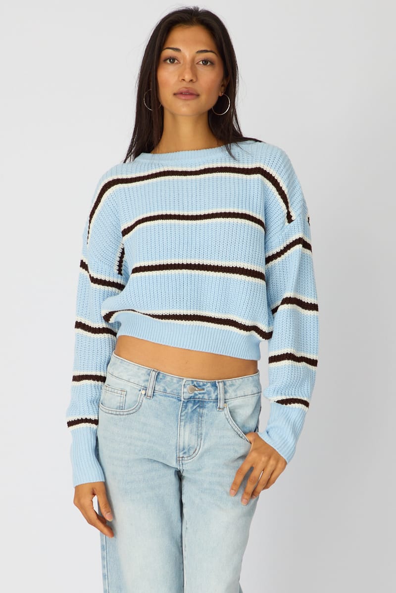 Ally Fashion Blue Stripe Knit Top Long Sleeve Color Block - Image 3
