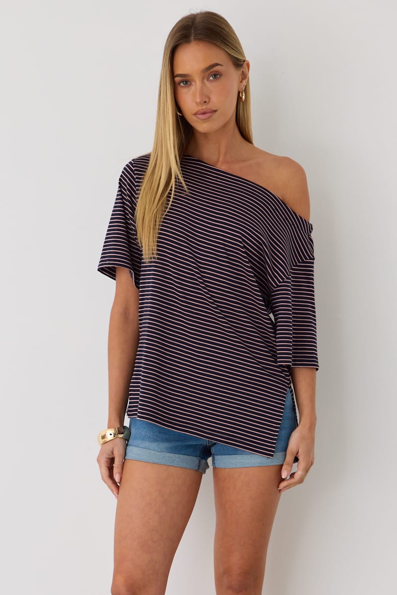 Ally Fashion Blue Stripe One Shoulder Top - Image 3