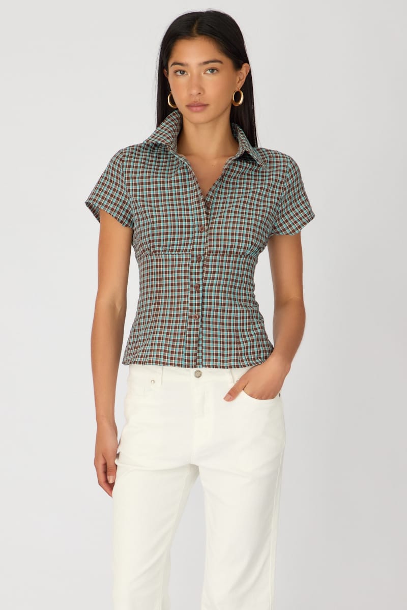 Ally Fashion Brown Check Short Sleeve Shirt Collared Button Up Textured - Image 3