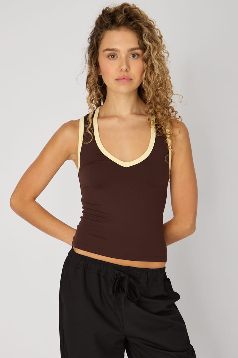 Ally Fashion Brown Contrast Sleeveless V-neck Tank - Image 3