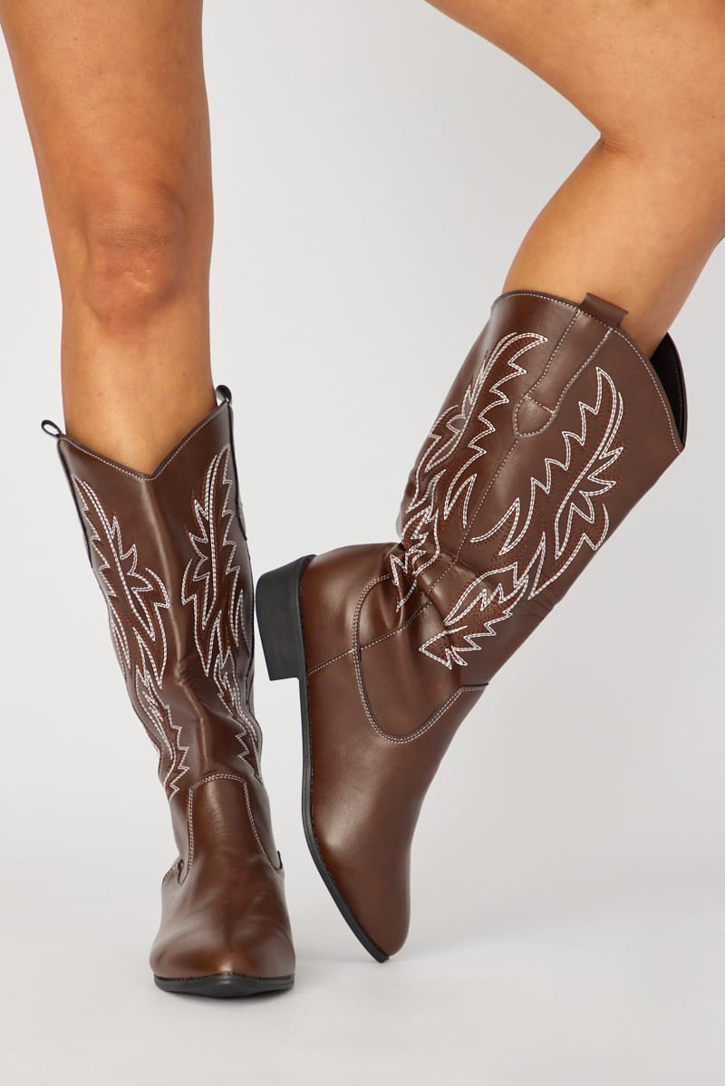 Ally Fashion Brown Embroidered Western Cowboy Boots - Image 2
