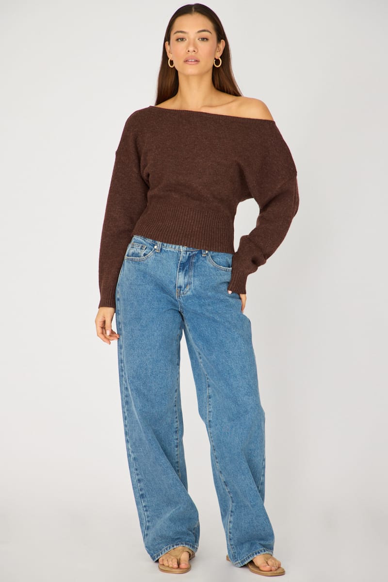 Ally Fashion Brown Knit Top Off Shoulder Long Sleeve - Image 2