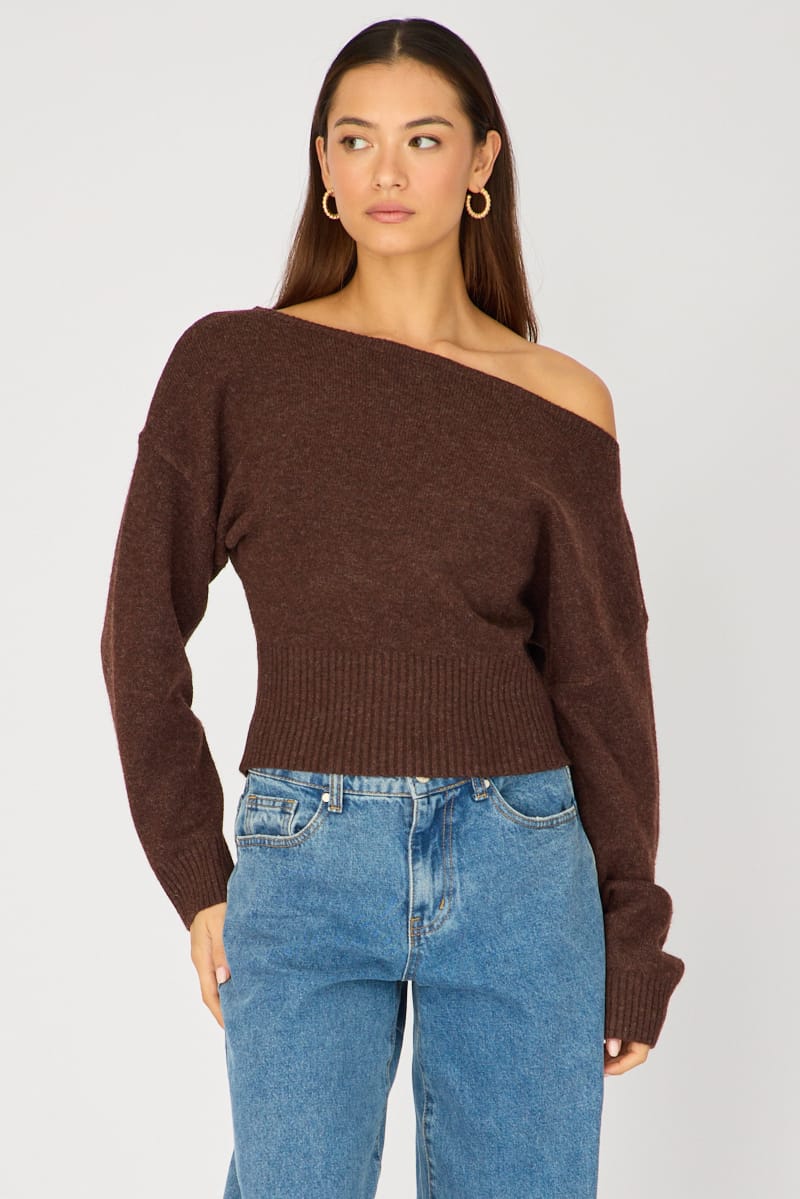 Ally Fashion Brown Knit Top Off Shoulder Long Sleeve - Image 3