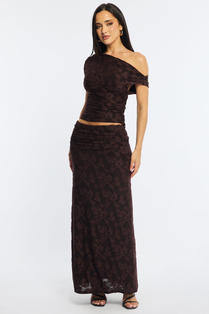Ally Fashion Brown Maxi Skirt Textured Gathered Waist Stretch Lined - Image 3