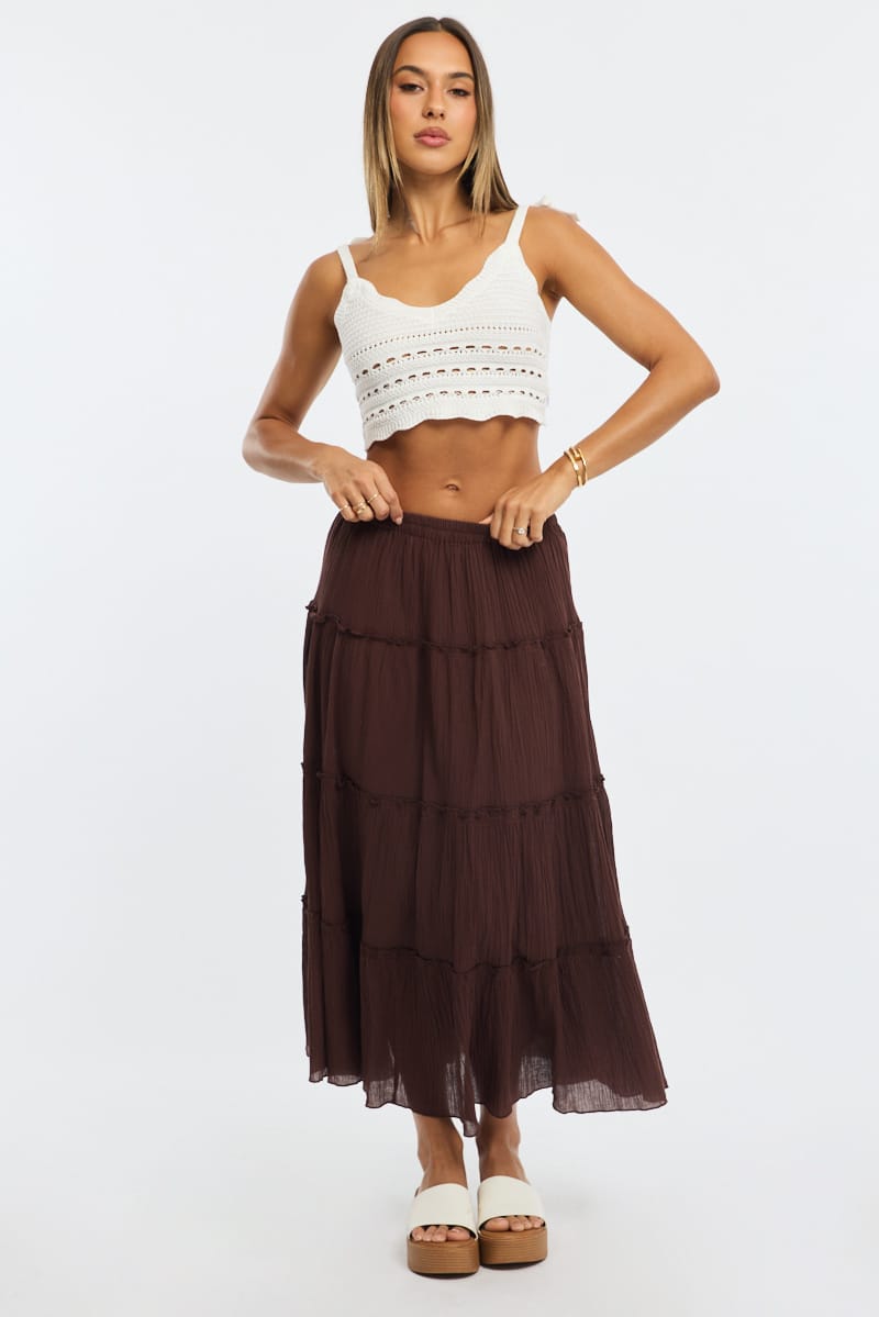 Ally Fashion Brown Midi Skirt Tiered Elastic Waist Textured Cotton - Image 3
