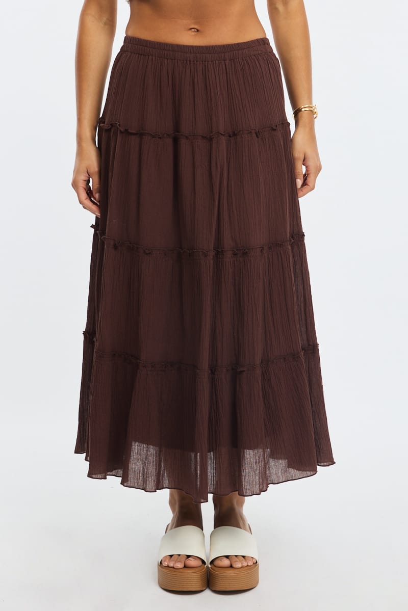Ally Fashion Brown Midi Skirt Tiered Elastic Waist Textured Cotton - Image 2