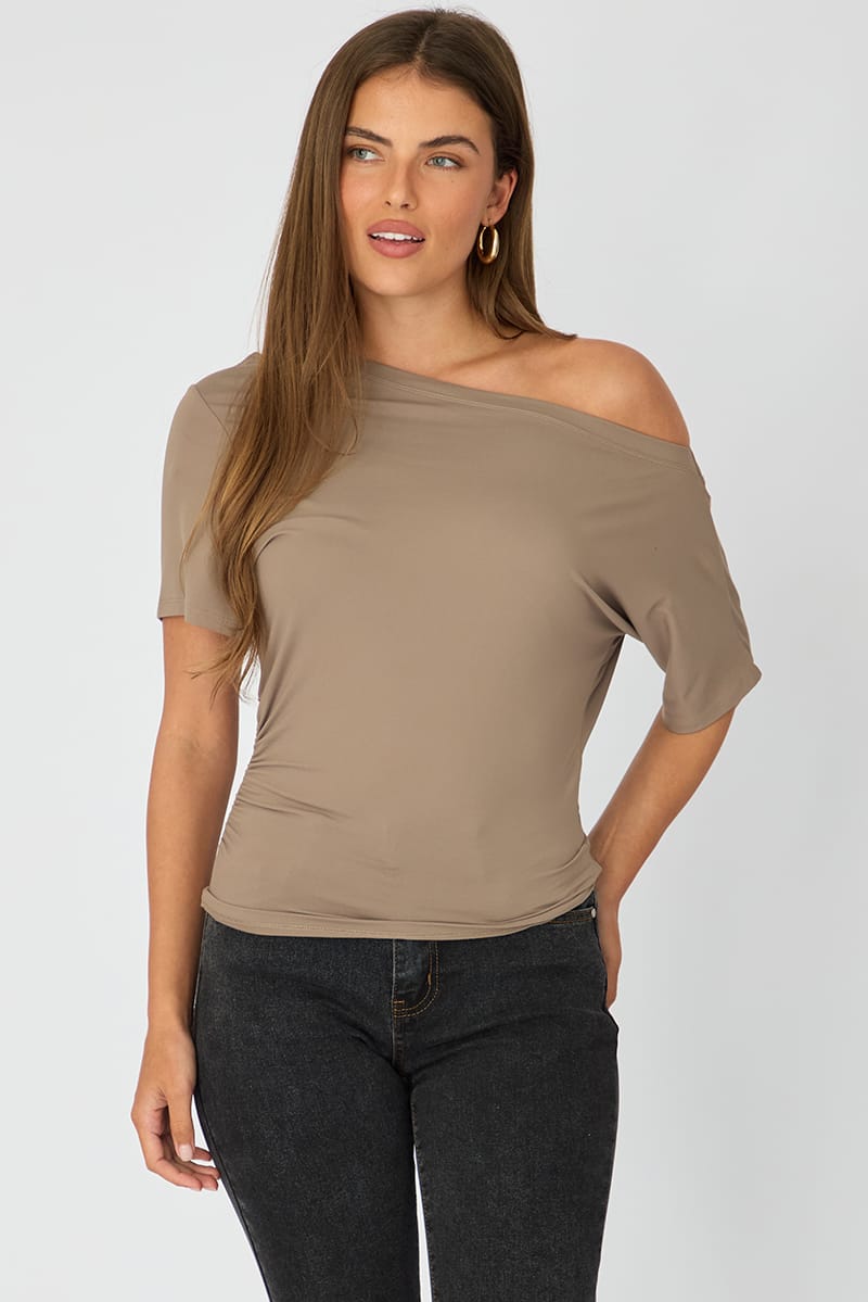 Ally Fashion Brown One Shoulder Top Short Sleeve - Image 3