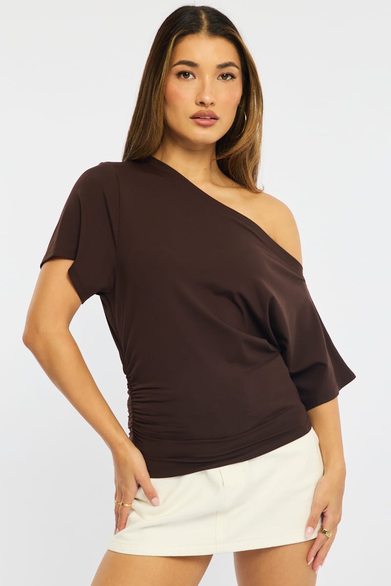 Ally Fashion Brown One Shoulder Top Short Sleeve - Image 3