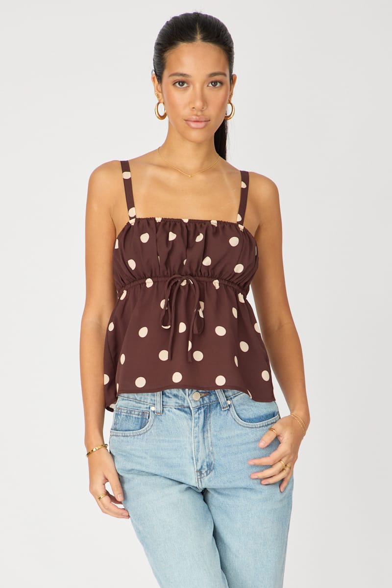 Ally Fashion Brown Polka Dot Cami Top Sleeveless Front Tie Babydoll - Image 3