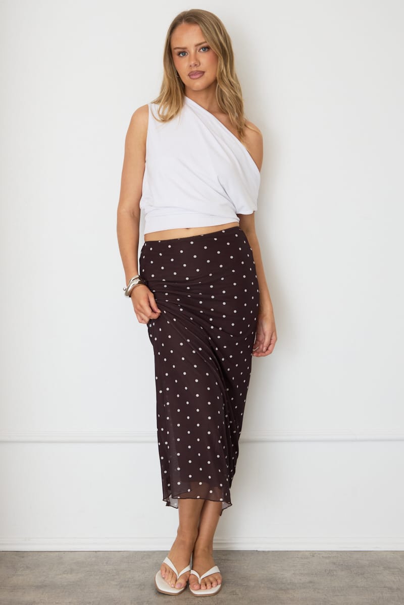 Ally Fashion Brown Polka Dot Mesh Skirt Elasticated Picot Trim Maxi - Image 3