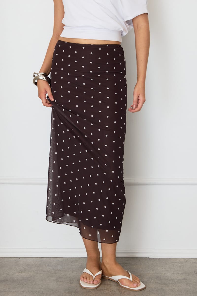 Ally Fashion Brown Polka Dot Mesh Skirt Elasticated Picot Trim Maxi - Image 2